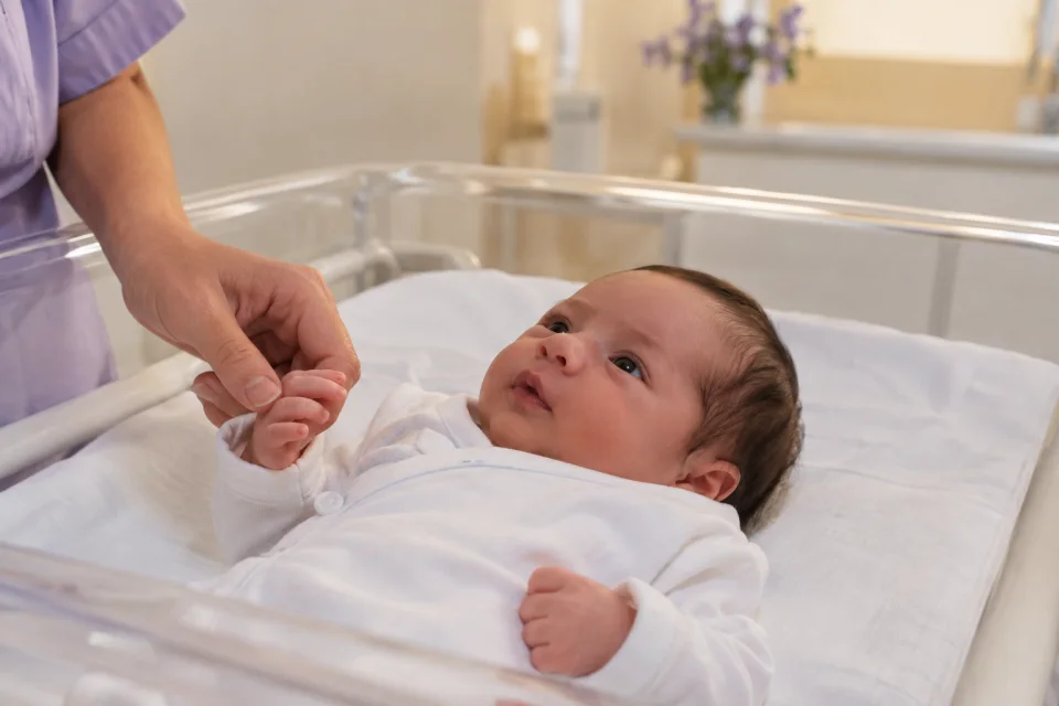 Cena ilustrativa de recém-nascido recebendo cuidado em berço hospitalar